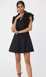 Anthropologie Maeve Women Black Ruffle Button-Front Mini Classic Dress Sz 14 NWT