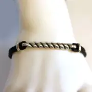 DAVID YURMAN Mens New Silver & Black Leather Bucktwist Cable ID Bracelet M