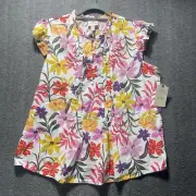 St Johns Bay Flutter Sleeve Floral Top Hawaiian Women's Cotton Rayon Size Medium