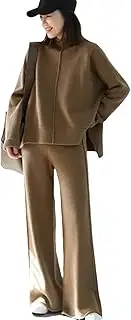 [Generic] Women's Two Piece Sets Spring Winter Wide Leg Pants O Neck Long Sleeve Knit Pullover Top Casual Sets