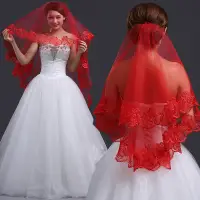 在飛比找蝦皮購物優惠-新娘頭紗 婚紗配飾 紅色頭紗 中式蕾絲紅頭紗 紅蓋頭 女婚禮