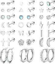 [Sanfenly] 21Pairs Small Earrings Women Set Surgical Steel Cartilage Helix Earrings Hypoallergenic Star Moon Flatback Earrings Zirconia Hoop Earrings Piercing Stud Earrings Set for Women Girls