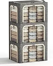 3 Opeings Large Clothes Storage Bins with Metal Frame, Foldable Storage Bin for Clothes, Clothing Storage Bins with Lid, Linen Storage Box With Clear Window＆ Zippers＆ Handles.(3 Pcs,Dark Grey,66L)