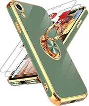 LeYi for iPhone XR Phone Case: with Tempered Glass Screen Protector [2 Pack] 360° Rotatable Ring Holder Magnetic Kickstand, Plating Rose Gold Edge Protective iPhone XR Case, L-Green