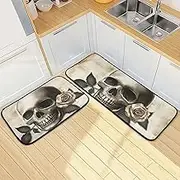 Retro Skull Rose Kitchen Mats for Floor, 2 Piece, Funny Cute Washable Non-Slip Kitchen Rugs Set for Home & Office, Sink, Laundry, 19.7” x 27.6” + 19.7” + 47.2”