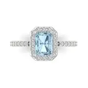 2.07 ct Emerald Cut Halo Blue Promise Bridal Wedding Ring 14k White Solid Gold