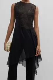 $1490 Alberta Ferretti Women's Black Asymmetric Macrame Chiffon Blouse Size 8
