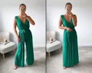 iKrush Wide Leg Jumpsuit Bodycon Wrap Day Dresses Maxi Length V Neck