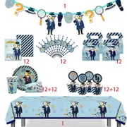 Combo Set 12 Kid Detective Secret Agent Spy Theme Birthday Party Supplies Disposable Tableware Decor Banner Tablecloth Cake Deco Set E