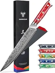 SANMUZUO Carving Knife - 9 inch Slicing Knife- Xuan Series - VG10 Damascus Steel Kitchen Meat Cutting Knife - Resin Handle (Sunset Red)