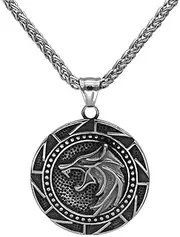 [DFWY] Norse Viking Slavic Wolf Rune Pendant Necklace -Men's Stainless Steel Fenrir Animal Amulet -Fashion Vintage Charm Odin Wolf Head Totem Medallion Jewelry