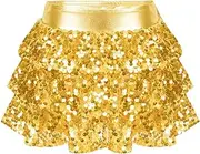 [Hedmy] Kids Girls Sparkly Sequins Skirts Tiered Shorts Miniskirts Shiny Latin Jazz Salsa Rumba Dance Costume