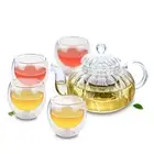 Tea Set -Pumpkin Shaped Heat Resistant Glass Teapot +4x Double Wall Cups