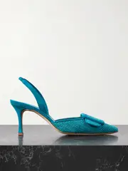 [Manolo Blahnik] Manolo Blahnik - Mayslibi 70 Buckled Suede-trimmed Raffia Slingback Pumps - Turquoise - IT40 IT 40 Blue