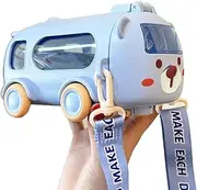 Portable Water Cup in Bus Shape, Portable Water Cup in Bus Shape with Strap, Break Resistant 360° Leak-Proof Bounce Flip Top Straw Water Bottle for School Sports Travel (Blue)
