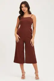 Brown Sleeveless Tie Back Jumpsuit Linen Blend - Size 8, Women's Jumpsuit