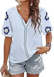 [Pinclodly] Mexican Embroidered Tops for Women Floral Short Sleeve Boho Tops Bow Tie V Neck Peasant Blouse Loose Summer Tops