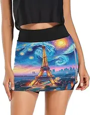 [RPLIFE] Paris Eiffel Tower Starry Night Mini Skort Skirt, Athletic Skirts Women Pockets，Women Golf Skirt Small