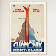 Galrie Chamonix Mont Blanc France Vintage Ski Poster for Summer and Winter Sports Art, Wood Frame, A2 42 x 60cm (16 x 24inch)
