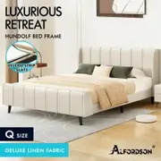 ALFORDSON Bed Frame Queen Size Tufted Headboard Base Beige Fabric HUNDOLF