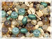 60 g Mix of Unique Czech Bohemia Glass Pressed Beads, Matte and Glossy, Hand Made, Beige Blue Luster