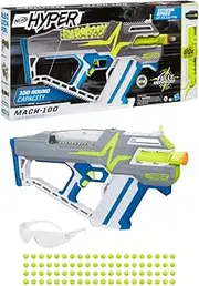 NERF Hyper Mach-100 Fully Motorized Blaster, 80 Hyper Rounds, Eyewear, Up to 110 FPS Velocity, Easy Reload, Holds Up to 100 Rounds