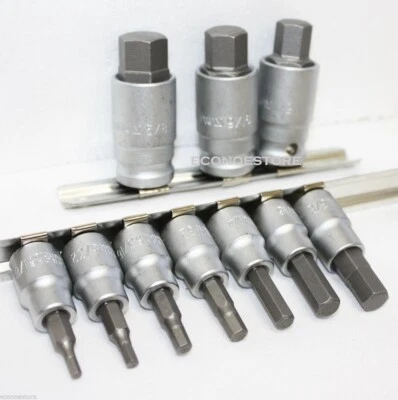12Pcs SAE 1/2" & 3/8 "Dr Hex Key Bit Socket Set w/Rail Rack Cr-V 1/8” - 5/8”