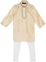 [Sojanya] Big Boy's Designer Banarsi Dupion Silk Blend Kurta Churidaar Set Gold