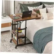Height Adjustable End Table with Charging Station, Mobile C Shaped Rustic Brown