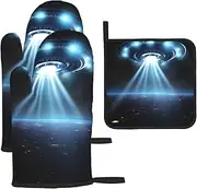 3 pcs Oven Mitts and Pot Holders Set 500°F Heat Resistant Oven Gloves and Hot Pads Kitchen Mittens UFO Spaceship Cooking Gloves Potholders for Baking Grilling
