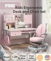 Kids Ergonomic Desk and Chair Set Children Study Table Pink Adjustable