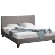 Oikiture Bed Frame Queen Size Bed Platform Wooden Fabric Grey