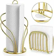 Paper Towel Holder Countertop, Stainless Steel Paper Towel Roll Holder and Paper Napkinholder Set, Standing Paper Towel Roll Holder Stand with Weighted Base Suction Cups (Gold)
