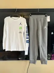 Nike Air Jordan Boys Logo T-Shirt & Jogger Pants MEDIUM Set WHITE GREY 10 12 NWT