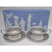 Wedgewood Florentine Turquoise Cup & Saucer Pair Set Peony Griffin motif New