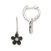 Sterling Silver Black u0026 White Diamond Flower Hinged Hoop Earrings