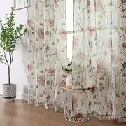 OWENIE Crushed Semi Sheer Curtains 72 Inches Length 2 Panels, Floral Pattern Design Rod Pocket Light Filtering Farmhouse Curtains for Bedroom Living Room, 2 Pieces Total 84 Inch Wide, 72 inch Long