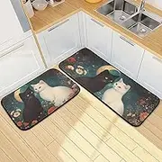 Kitchen Mats for Floor, 2 Piece, Cats Flowers Black White Funny Cute Washable Non-Slip Kitchen Rugs Set for Home & Office, Sink, Laundry, 19.7” x 27.6” + 19.7” + 47.2”