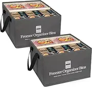 Flenpptly Collapsible Dark Grey Fabric Freezer Organizer Bins, 2 Pack, 15" x 14" x 9", Stackable Chest Freezer Organizer Bins with Removable Dividers and Handles for Deep Freezer