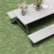 Fantastshop Picnic Outdoor Table Cover with Bench Cover, Waterproof 6ft Table Cloth for Camping, Fitted with Elastic, Vinyl with Flannel Back, Fits for 30 x 72 inch Table, Grey & White, 3pcs.