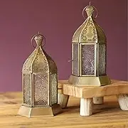 Set of 2 Gold Iron & Textured Glass Tealight Holder Lamp Ramadan Decor Lantern Moroccan Antique Brass Finish