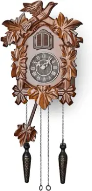 Cuckoo Clock with Night Mode, Hand Carved Decorations and Swinging Pendulum (Bro