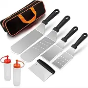 Griddle Grill Accessories Set of 8, Heavy Duty Stainless Steel Metal Spatulas for Cast Iron Flat Top Teppanyaki Hibachi Hamburger Cooking, Carry Bag, Indoor or Outdoor Camping Restaurant BBQ Tools Kit