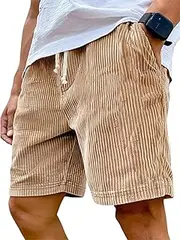 [Generic] Corduroy Shorts Men, Casual Corduroy Drawstring Elastic Waist Shorts with Necklace, Summer Loose Fit Beach Short