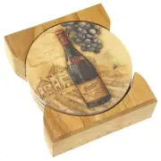 Counter Art Vineyards Wine Bottle Round Stone Coasters Set 4 Wooden Holder USA