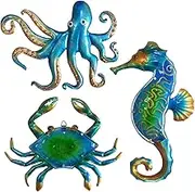 Set of 3 Metal Sea Beach Theme Wall Art Decor, Seahorse Octopus and Crab with Blue Ocean Glass Hanging Beach Decoration Perfect Indoor or Outdoor for Home Garden Bedroom