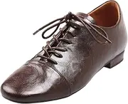 [Onewus] Womens Comfortable Soft Low Heel Oxford Casual Lace Up Lambskin Court Shoes