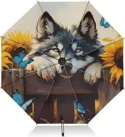 [PDZRMY] Husky Sunflower Fence UV Protection Travel Umbrella Compact for Rain and Sun - Auto Open and Close UPF 50+ Windproof Portable 46” Sun Umbrella for Women and Men