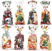 Bigqin 100Pcs Christmas Treat Bags 8 Patterns Cellophane Candy Cookie Bags with Twist Ties for Christmas Party Favor Bags Goodie Bags(27 * 12.5cm)