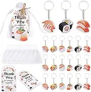 Serencatcher 72pcs Sushi Party Decorations, Japanese Theme Sushi Keychain Thank You Tags White Organza Bags for Asian Japanese Food Theme Party Supplies, Sushi